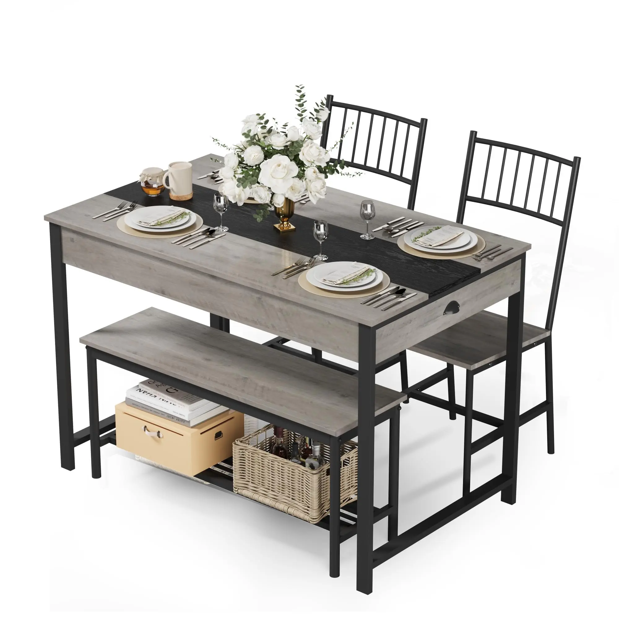 Grey Farmhouse 4-Piece Compact Setup Indoor Dining Set - Rectangular Kitchen Table with Storage Drawer, Metal Frame, Bench, 2 Chairs for Small Dining Rooms, Kitchens, Two Chairs