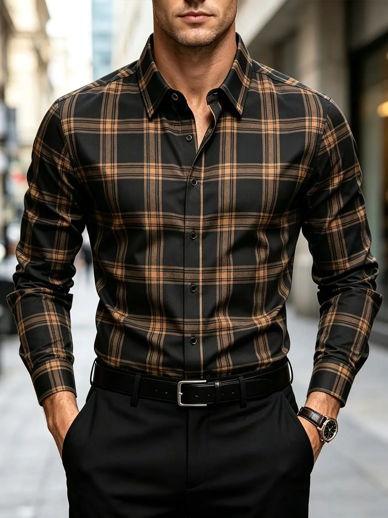 2026 New Arrival Men Vintage Brown Black Plaid Long Button Up Shirt Soft Stretch Office Dating Basic Top-CS5502