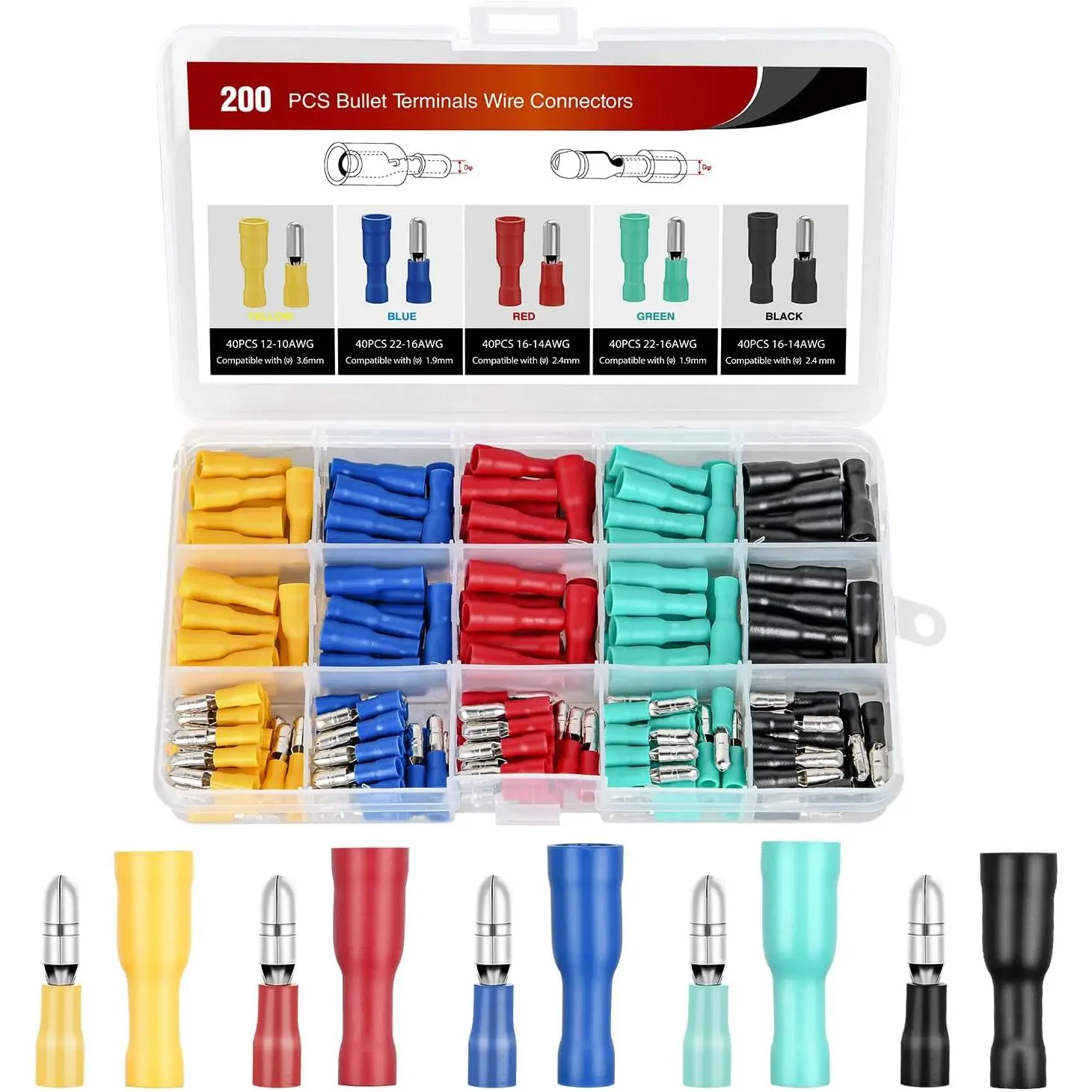 Nilight 200PCS Bullet Terminals Wire connectors AWG 22-10 Female & Male Bullet Butt Insulated Waterproof Electrical Connector Kit for Automotive Marine Electrical Wiring