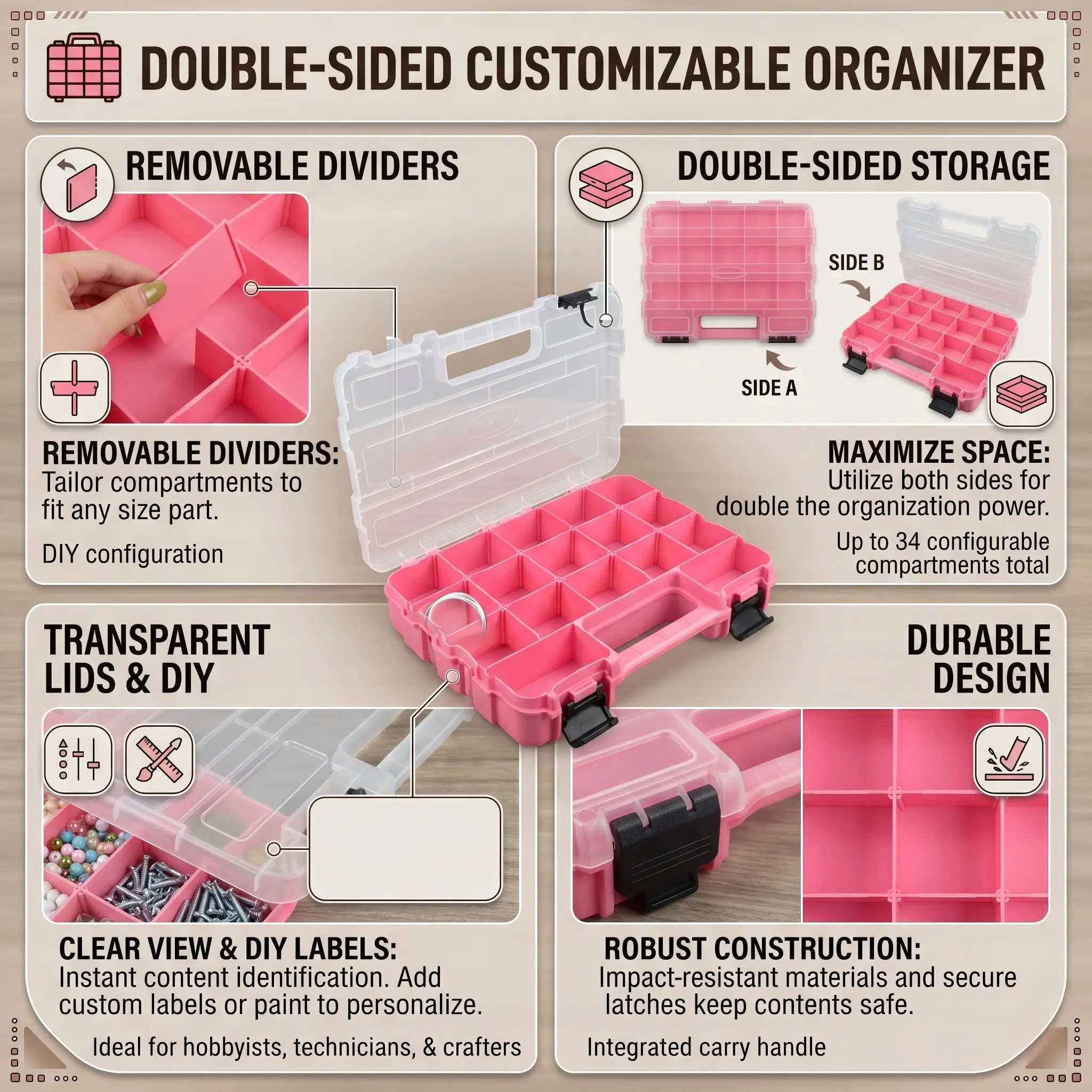 Double-Sided Storage Box with Detachable Dividers, DIY Customizable Organizer for Jewelry, Beans, Hardware Tools, Versatile Storage Solution, Craft Organizer Box