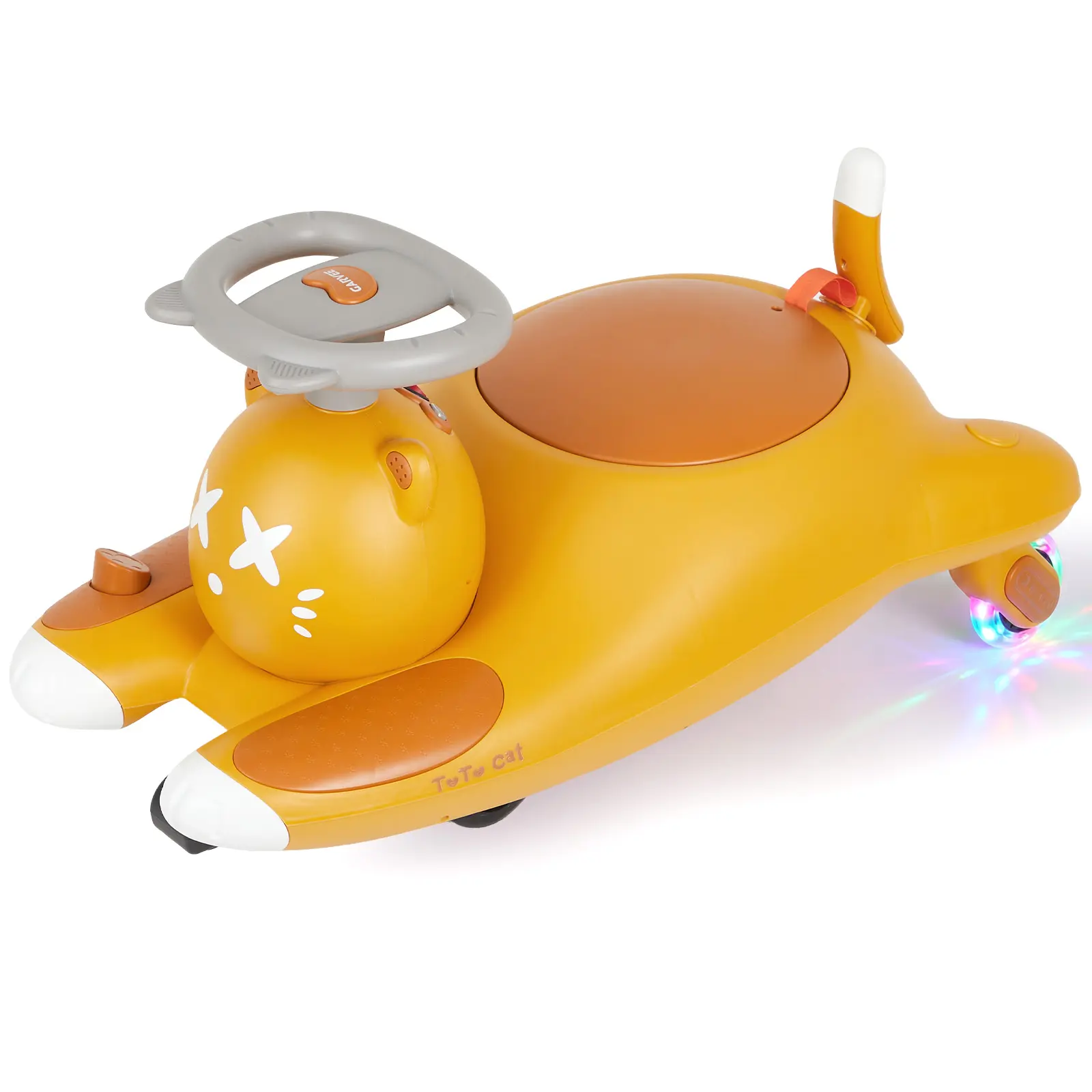 12V Electric Wiggle Ride-On Car for Kids - 2-in-1 Battery Powered Toy with Pedal - LED Flashing Wheels, Swing & Twist Modes, Indoor/Outdoor - Mustard Yellow