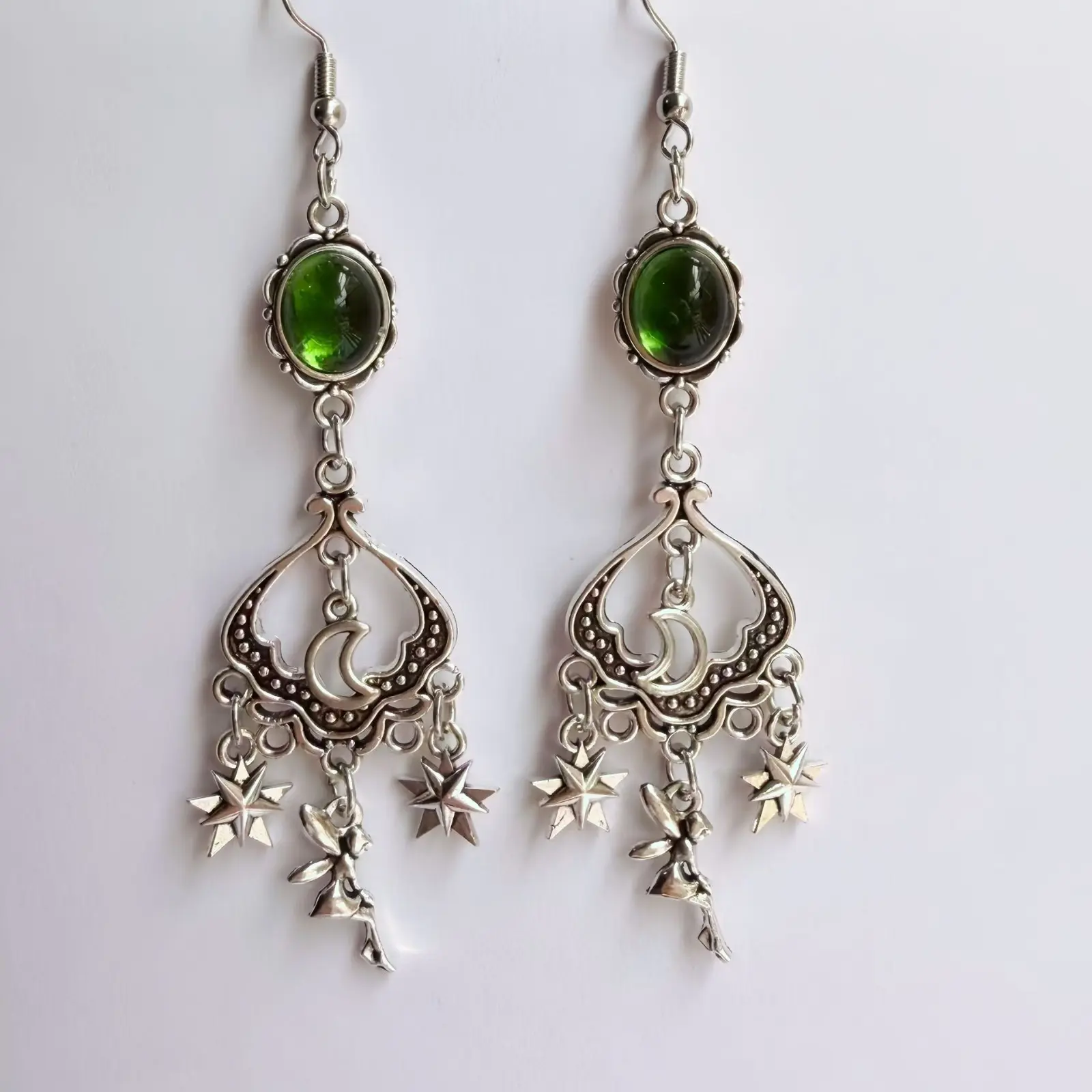 Women Dangle Drop Earrings Universal Fairy Jewelry, Viral Vintage Green Gem Moon Star Elf Long Tassel Earrings, Underrated Witchy Forest Fantasy Antique Silver Ear Ornaments, Hollow Carved Crescent Octagram Sprite Dangling Hook Earrings, Hypoallergenic Al