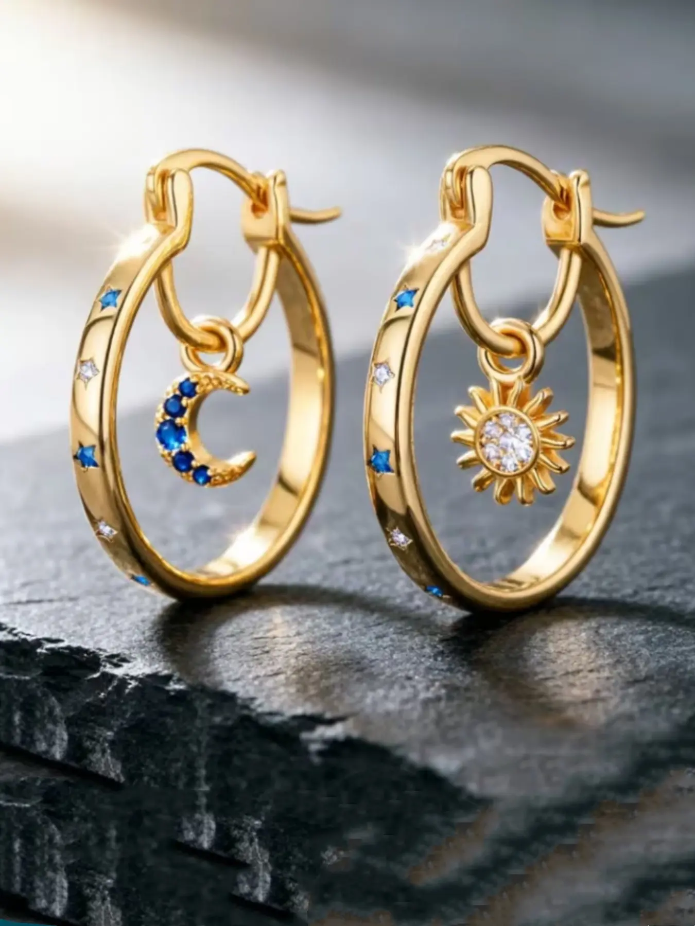 Elegant 18k Sun and Moon Pendant Hoop Earrings, Earrings Hoops, Perfect for Casual Wear, Ideal Valentine's Day Gift for Her