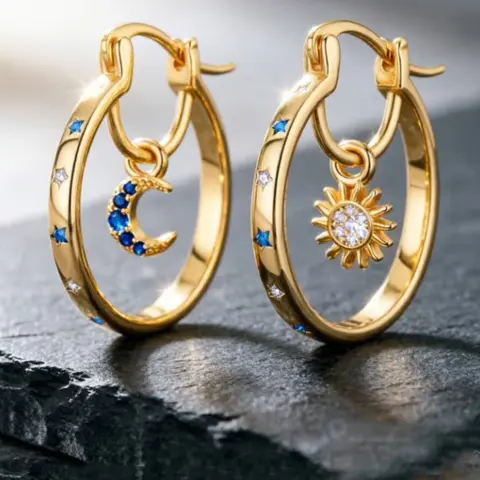 Elegant Sun and Moon Pendant Hoop Earrings, Geometric Style, Alloy Material, Perfect for Casual Wear, Ideal Valentine's Day Gift