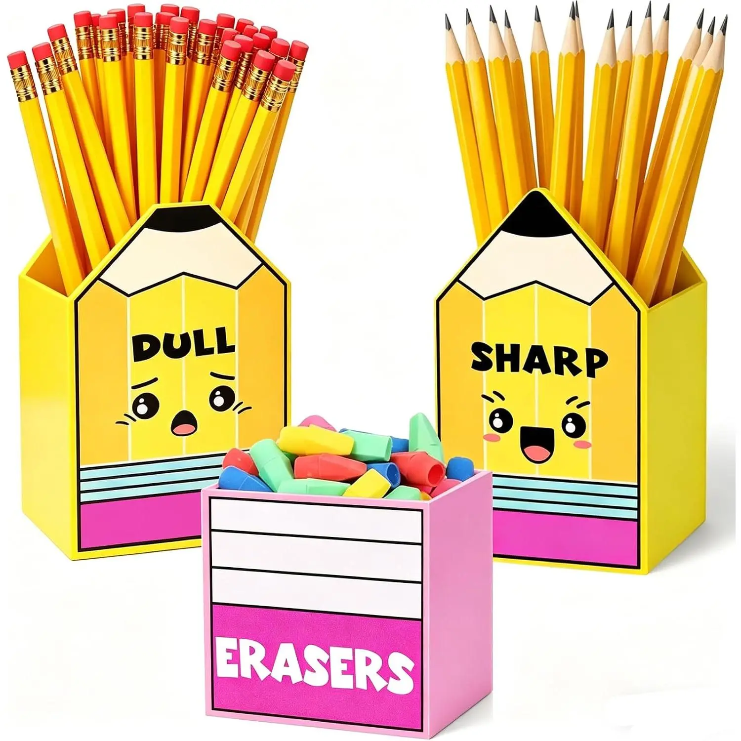 Cute Wooden Pencil Sharpener & Dull Pencil Holder Full Set - 3-Count Dispenser Organizer with Eraser Bucket, No Assembly Required, Office Desk Accessory for Classroom Teachers, Back to School Organize Tool