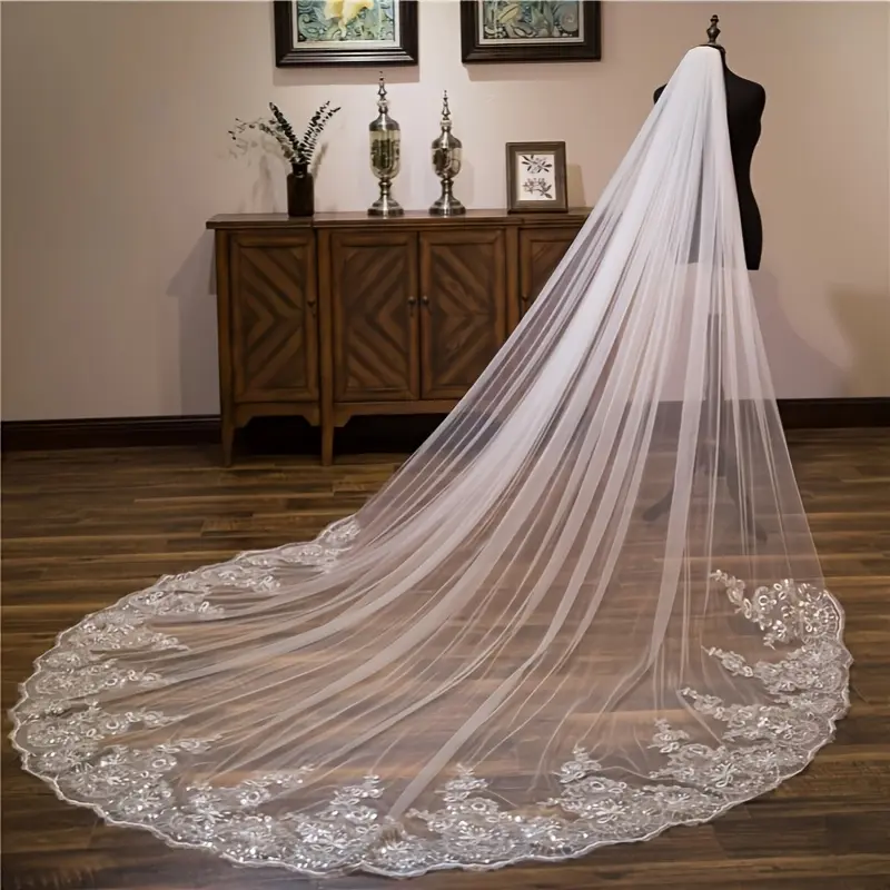 White Ivory One Layer Cathedral Length Wedding Bridal Veil with Comb - Long Woman Illusion Tulle, Sequins Lace Edge Veils