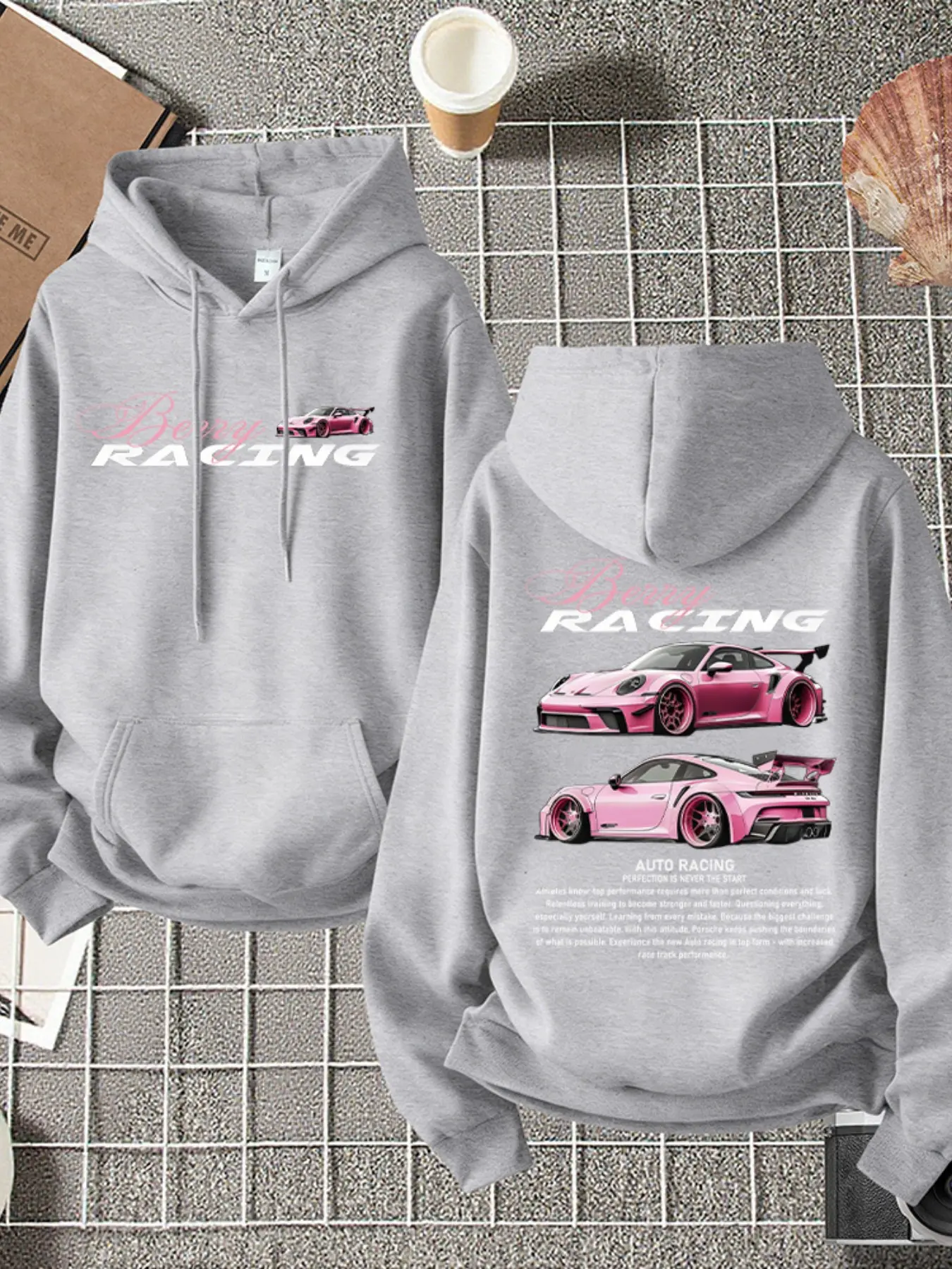 Autumn Winter Porsche Supercar Print Hoodie, Casual Long Sleeve Loose-Fit Top, Youthful Drop Shoulder Design, All Seasons Wear