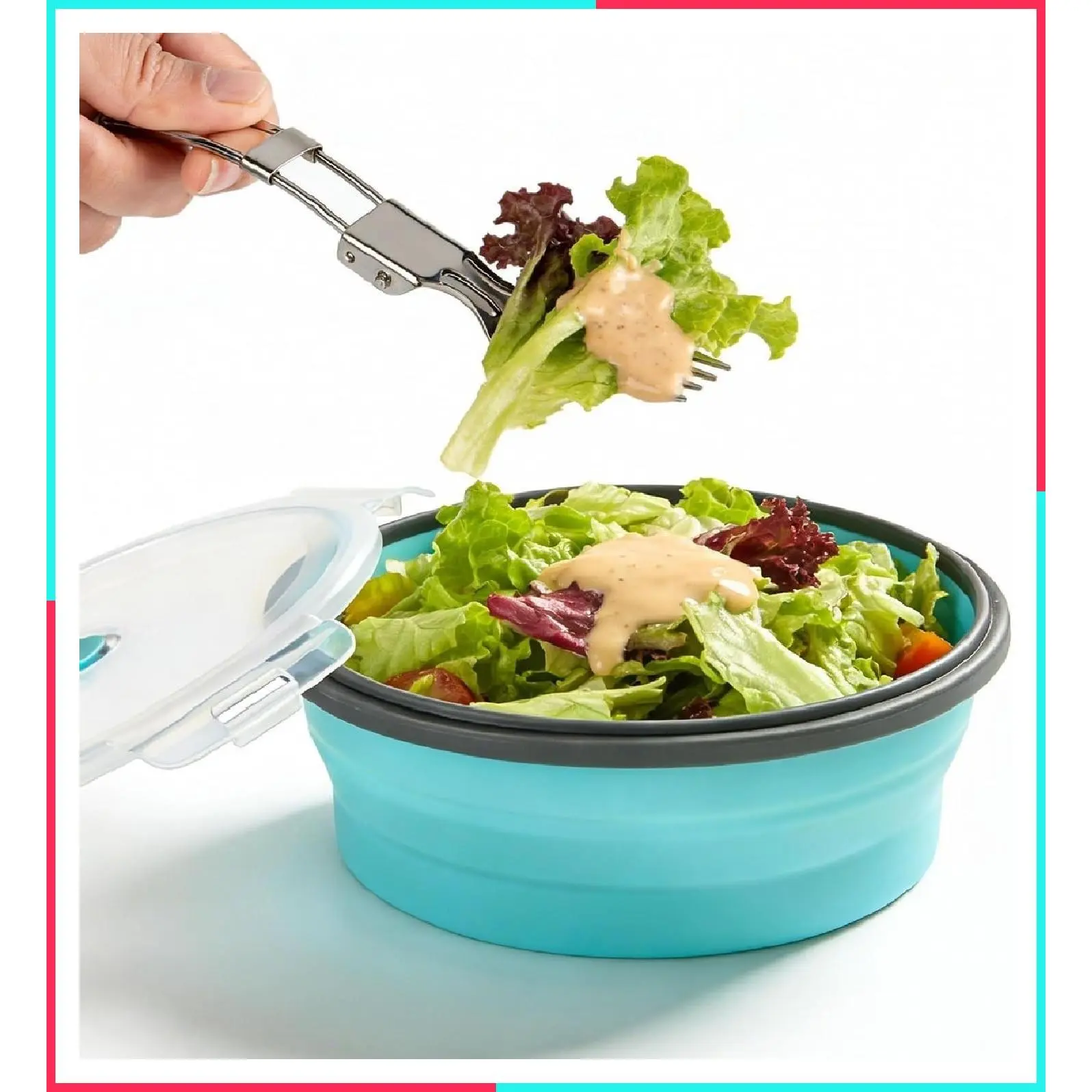 Collapsible Silicone Camping Bowl with Airtight Lid & Stainless Steel Fork, 1200ml/42oz, Leakproof Foldable Food Storage Container for Travel RV, Microwave & Fridge Safe
