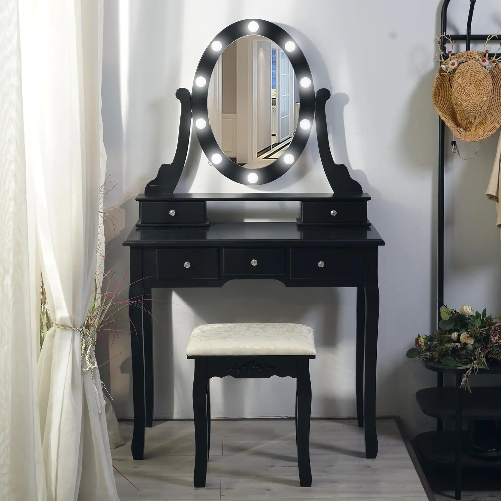 Makeup Vanity Table Set with 10 Hollywood LED Lights, 360° Rotating Oval Mirror, 5 Storage Drawers & Cushioned Stool, European Style Elegant Bedroom Dressing Table, Black