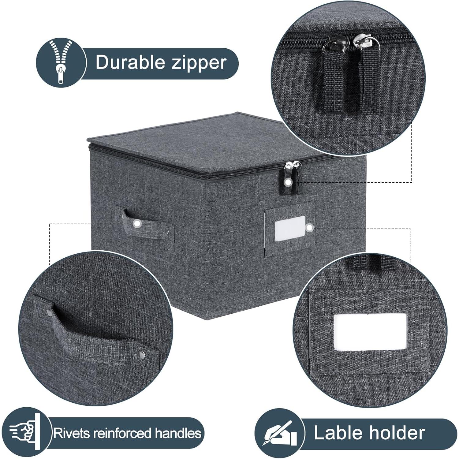 Storage Containers Hard Shell Inside 12" W x 8" H, Dinner Plate Storage Containers for Dishes, Dinnerware with 24 Felt Dividers, Hold 24 Plates, Stackable (2 Pack Grey)