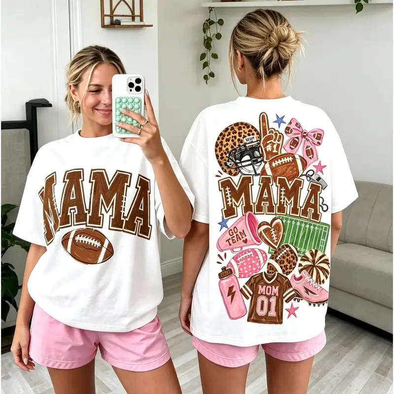 Mama Football Tee, Double‑Sided Print,Cute Game Day Casual T‑Shirt,Coquette Bow & Leopard Print Sports Tee,Thoughtful Gift for Sports Loving Moms and Game Day Enthusiasts#TikTokMadeMeBuyIt#TikTokShop#FootballMamaShirt#CoquetteGameDayTee
