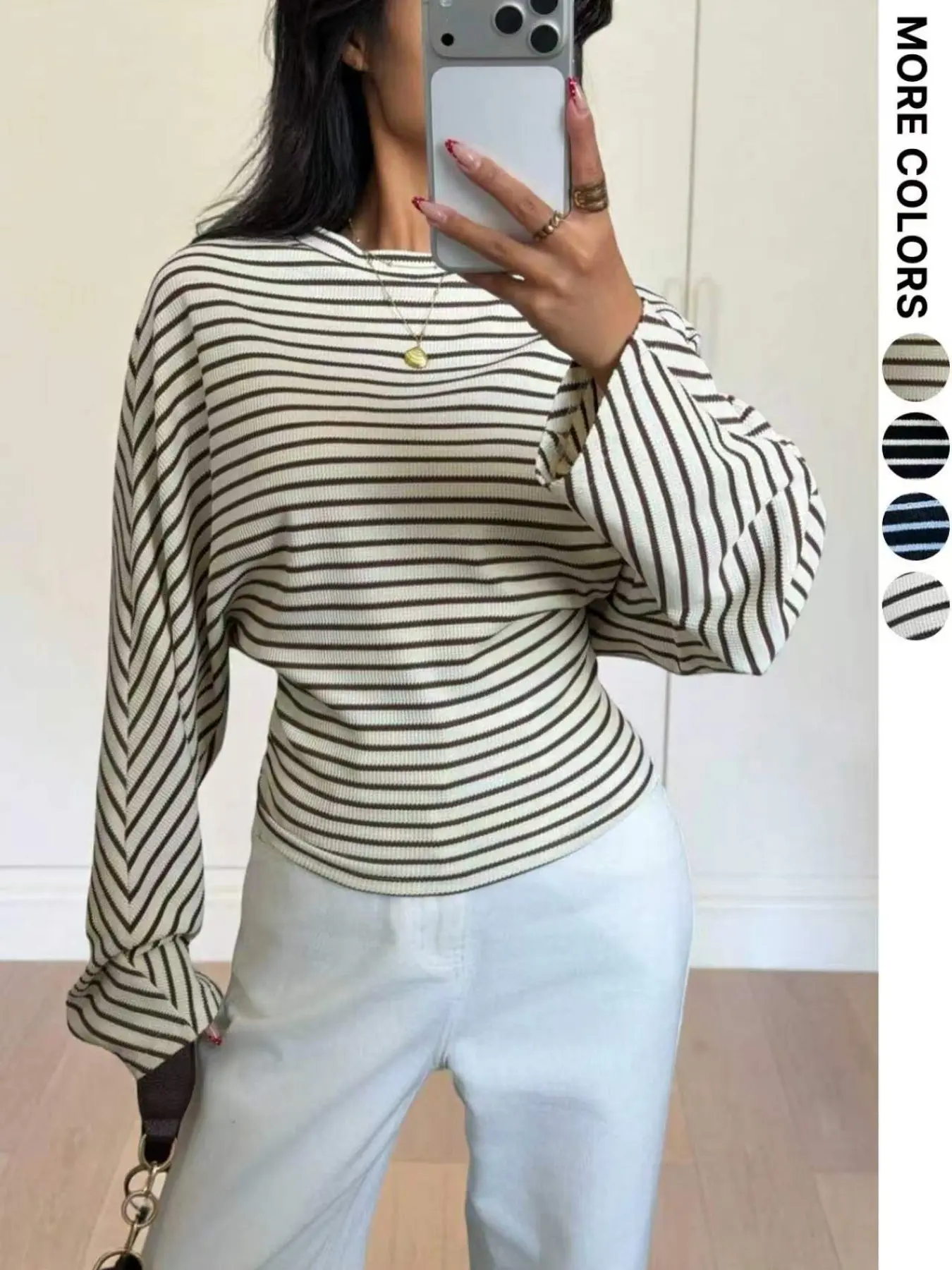 Striped Long Sleeve Top, Waffle Waist Shirt, Millennial Casual T-Shirt, Retro Minimalist Daily Layering Top, Neutral Striped Slim Fit Shirt, Summer Women