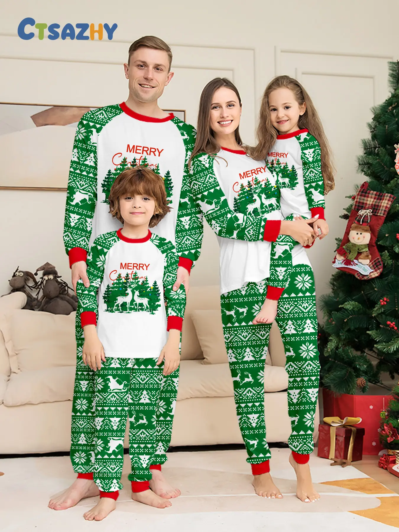 Family Pajama Set for Christmas, Fair Isle Pattern, Trim, Merry Christmas Print, Soft Comfortable, Multi-Sizes Available