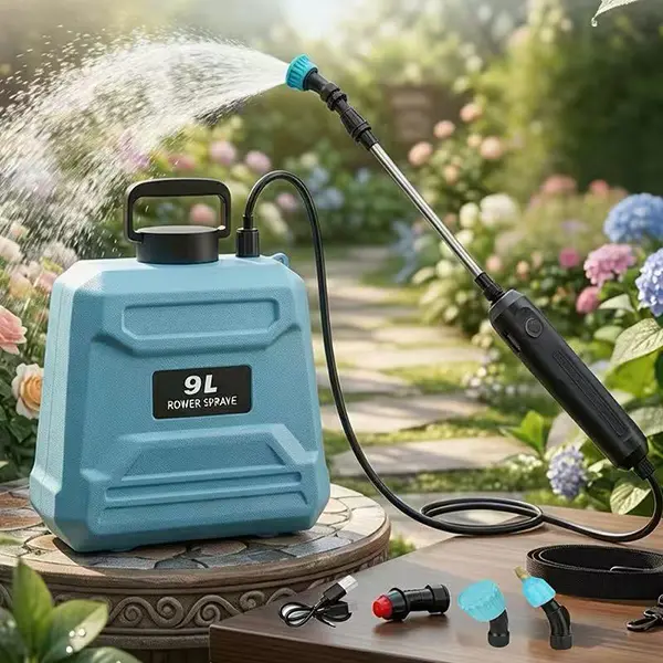 Battery-powered sprayer, 2.4 gallons (9 liters), electric gardening sprayer with USB charging handle, includes 3 mist nozzles and an adjustable shoulder strap; portable lawn sprayer suitable for lawns, gardens, patios, and plant watering—efficient, labor-