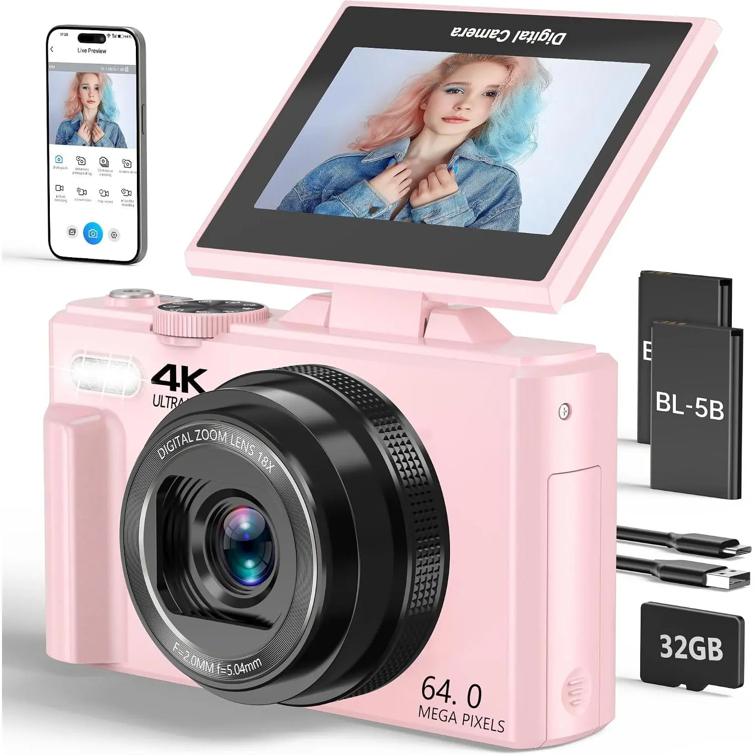 4K Digital Camera, Vlogging Camera with 180° Flip Screen | 64MP photos, 18X zoom, point-and-shoot for photography, YouTube, travel and beginners, WiFi sharing