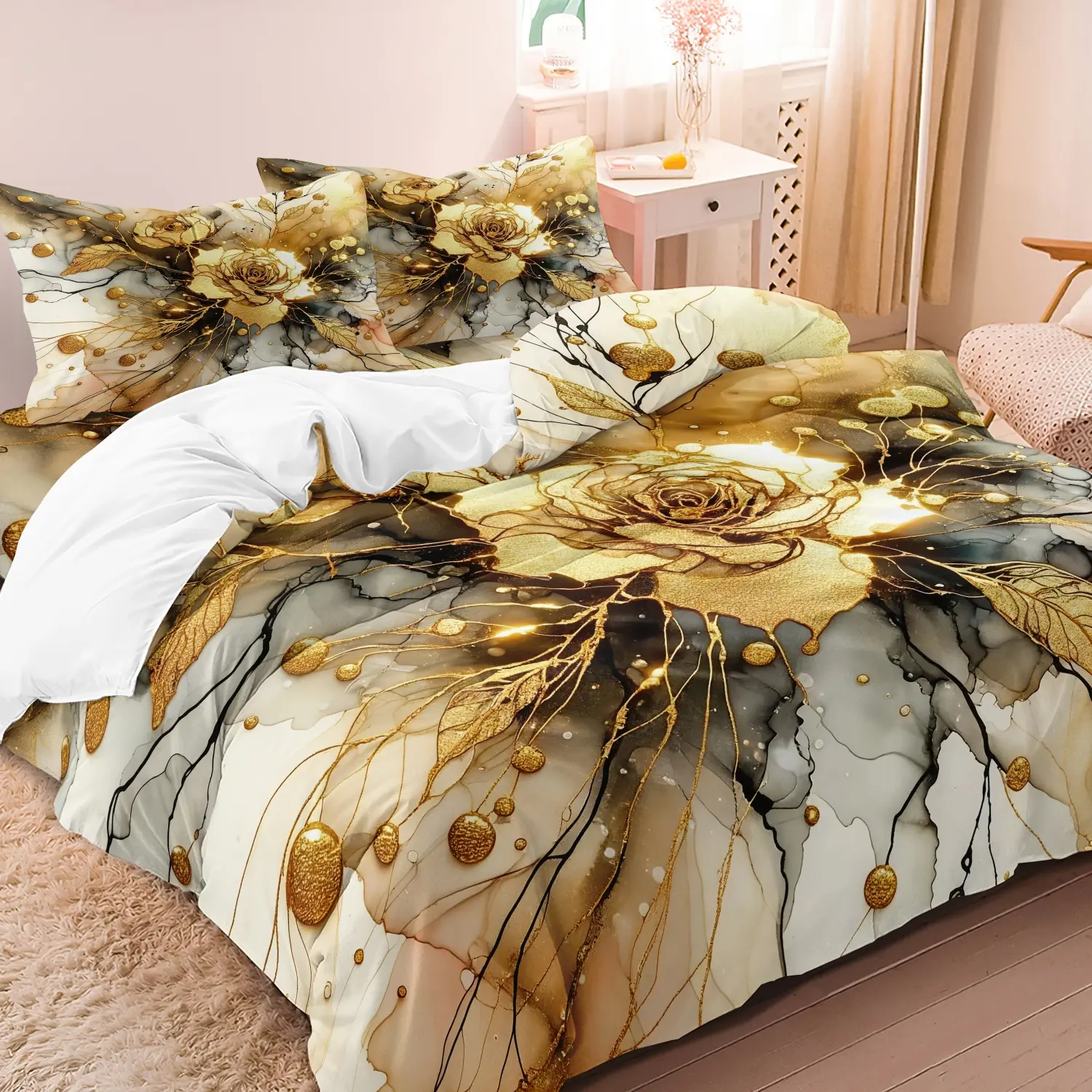 3Pcs Luxury Golden Rose Duvet Cover Set, Gold Foil Marble Floral Microfiber Comfy Bed Sets, For Family Bedrooms Dormitories Hotels (1 Duvet Cover + 2 Pillowcases No Comforter No Pillow)