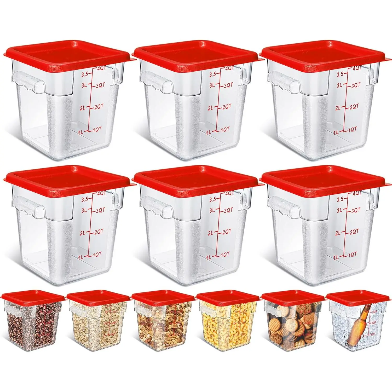 6 count Commercial Clear  Storage Containers 4 Qt Square  Airtight  Storage Containers with  for Kitchen Restaurant Pantry Freezer Flour Sugar(Red)