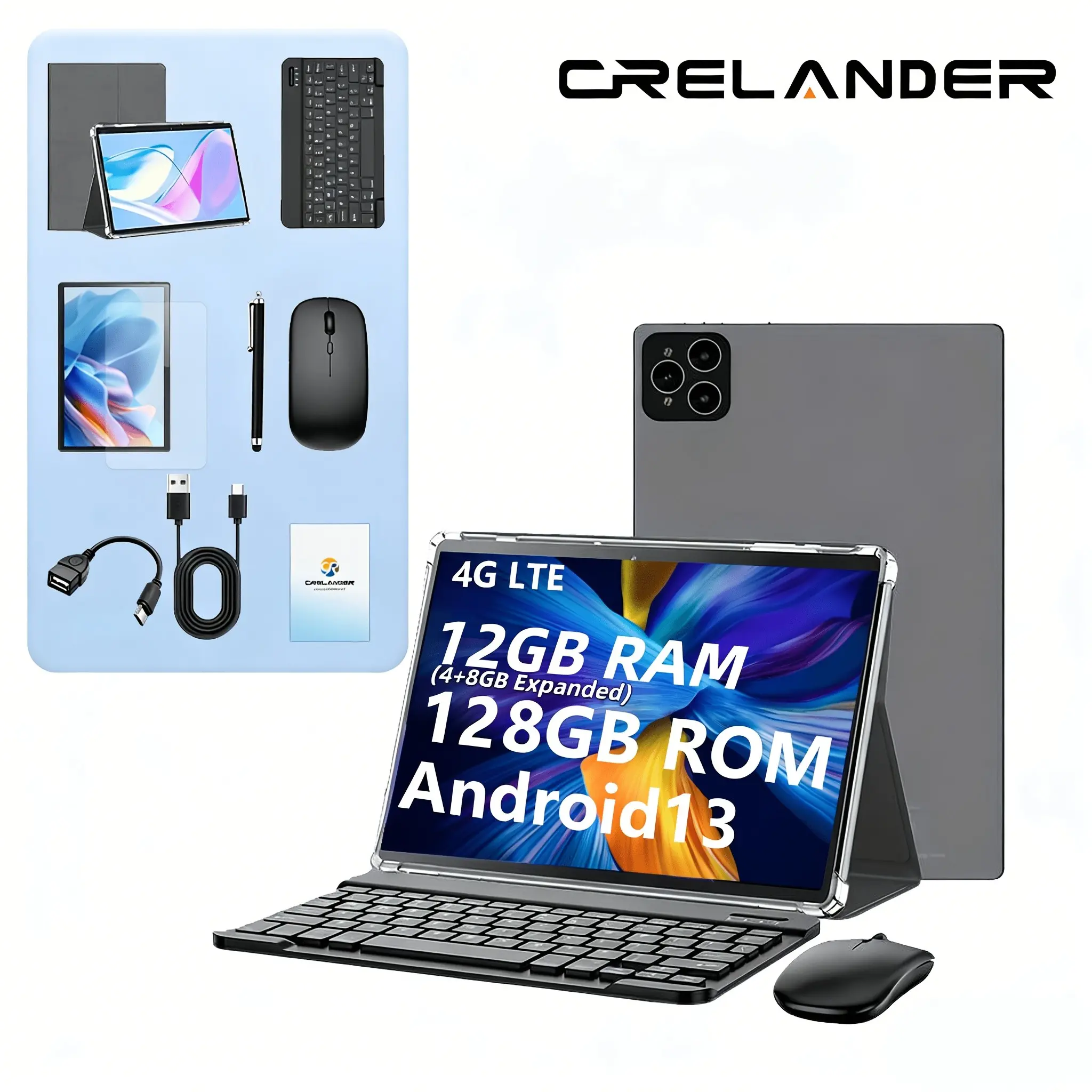 CRELANDER 10.1 Inch Tablet, 1280x800 HD IPS, Android Tablets 12(6+8)GB RAM / 128GB ROM, 5000mAh Battery, Dual Cameras, 5G WiFi,Keyboard and mouse set, Pink