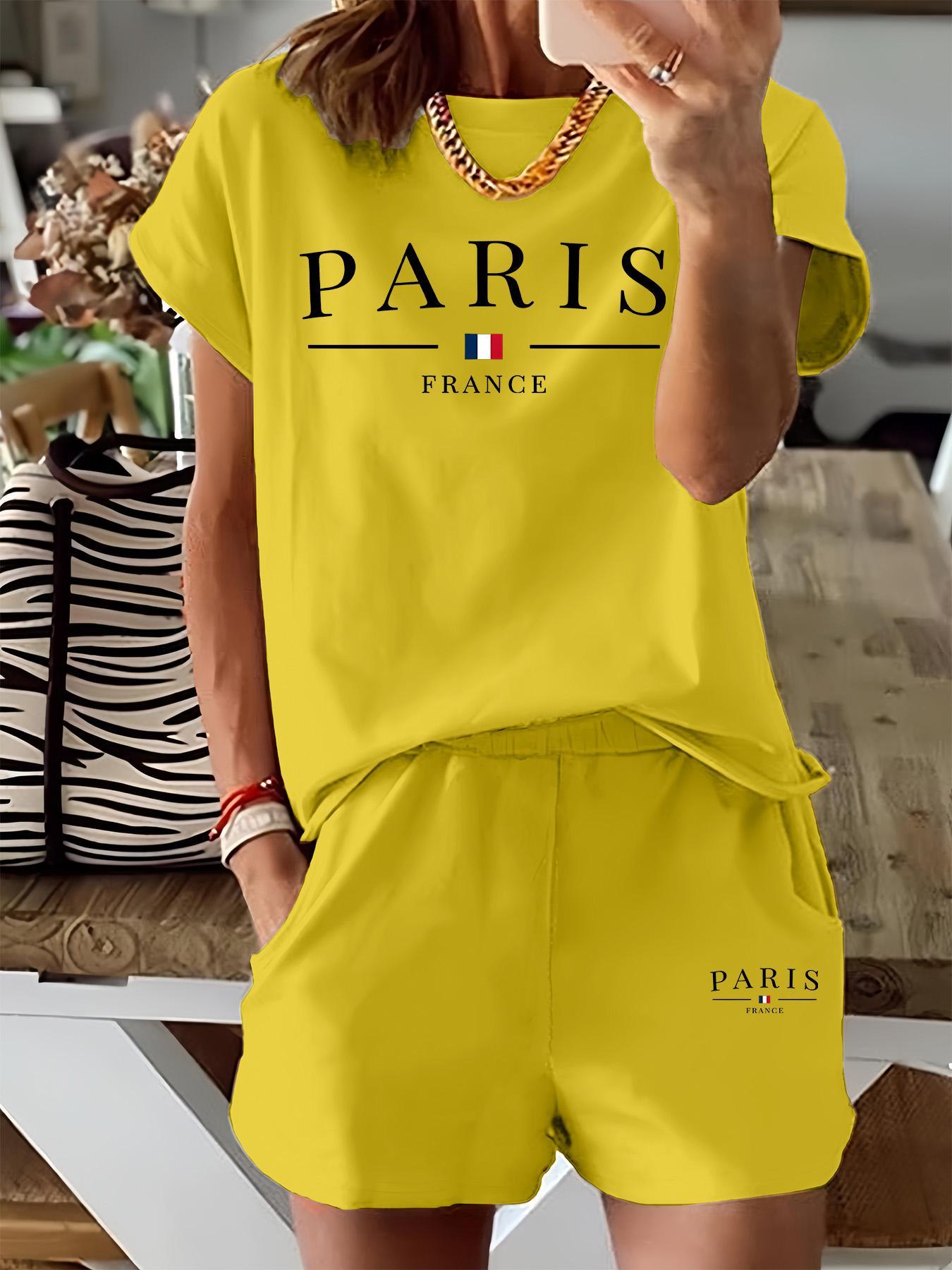 Women's Letter & Flag Print Two-piece Set, Casual Matching Set, Short Sleeve Tee & Elastic Waist Shorts Set, Casual Round Neck T-shirt & Pocket Shorts for Summer, Ladies Clothes for Daily Wear