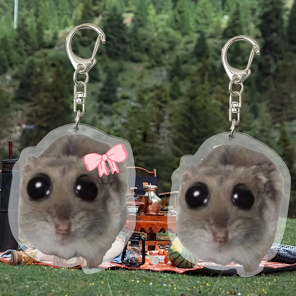 2D Flat, 2pcs Meme Sad Hamster Combo Set Keychain, Cute Hamster Acrylic Phone Keychain Decorative Tag 2D