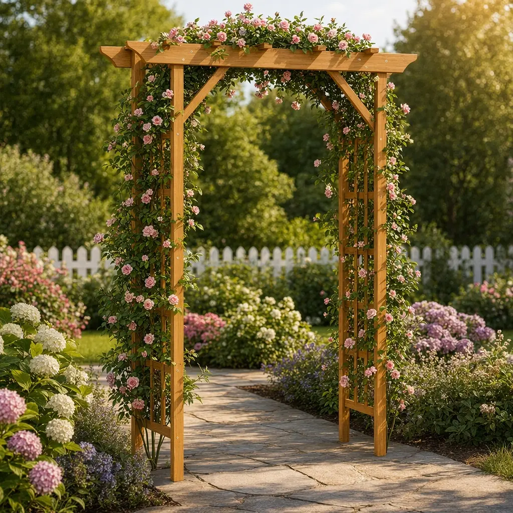 Solid Wood Classic Arch Arbor - Elegant Outdoor Garden Trellis for Climbing Plants, Wedding Arch, Backyard Decor, Light Brown Finish, 57L x 22W x 85H in