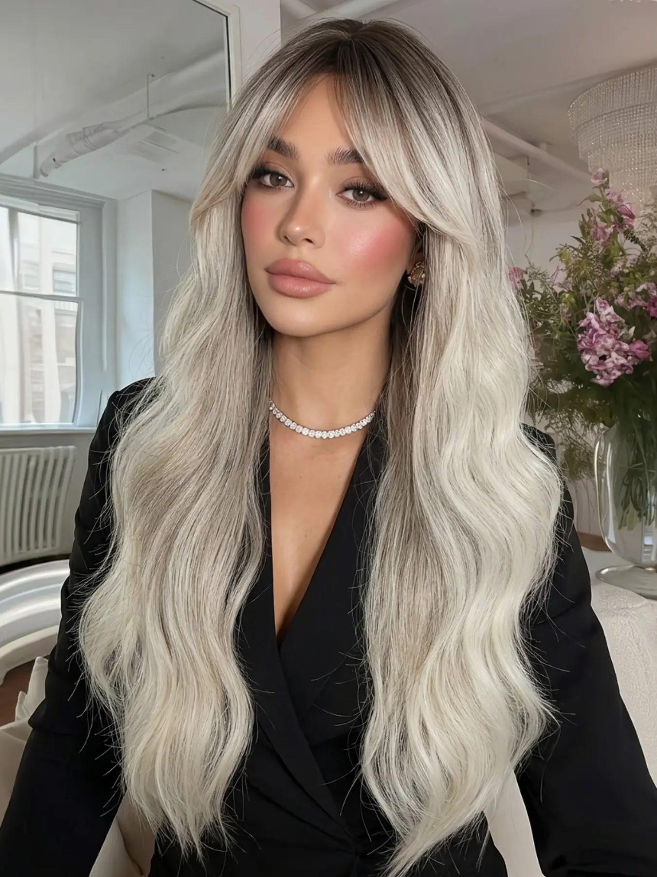 Long Body Wave Ombre Silver Grey Platinum Blonde Synthetic Wigs for Women, Middle Part 28 Inch Gradient Dark Root Bleach Blonde Wig Heat Resistant Fiber Natural Wig for Daily Party Cosplay