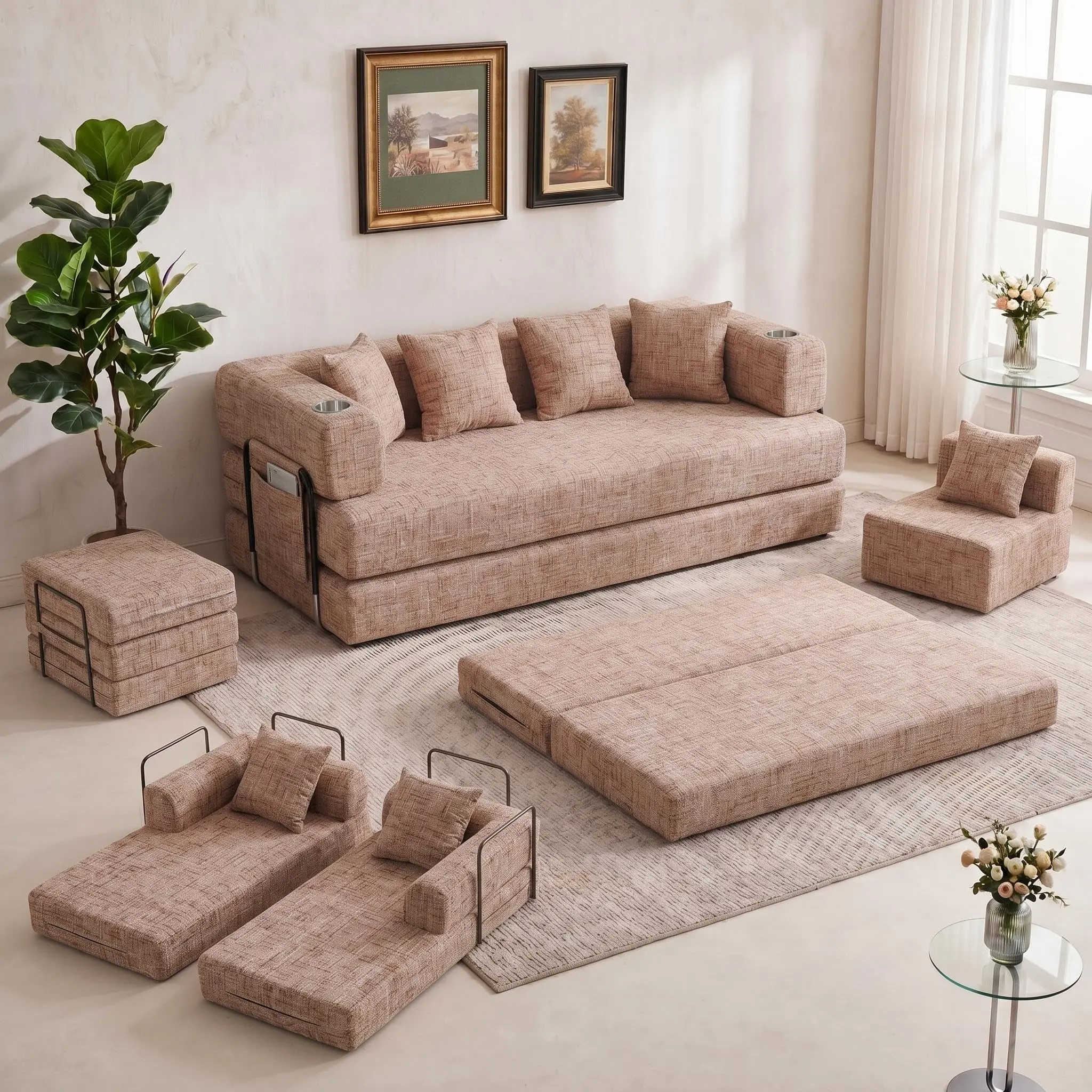 5-in-1 Convertible Sofa Bed Sleeper, 79" Corduroy Floor Couch with 4 Pillows, Boneless Deep Seat Futon Mattress, No Assembly Required, Modern Lounge Sofa for Living Room, Apartment, Small Spaces