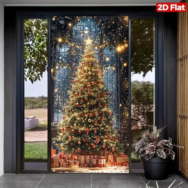 1 Counts 2D Christmas door banner, durable polyester, fluorescent Christmas tree pattern, suitable for winter Christmas celebration party front porch decoration, home mural decoration, outdoor decorative products