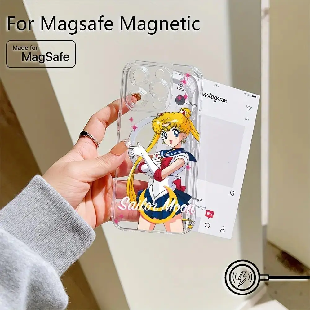 Transparent Magnetic Anti-Drop Soft Tpu Protective Phone Case Protector for iPhone 16 15 14 13 12 11 Pro Max Mini XR XS X 7 8 Plus, Sailor Moon Bunny Design, Cover