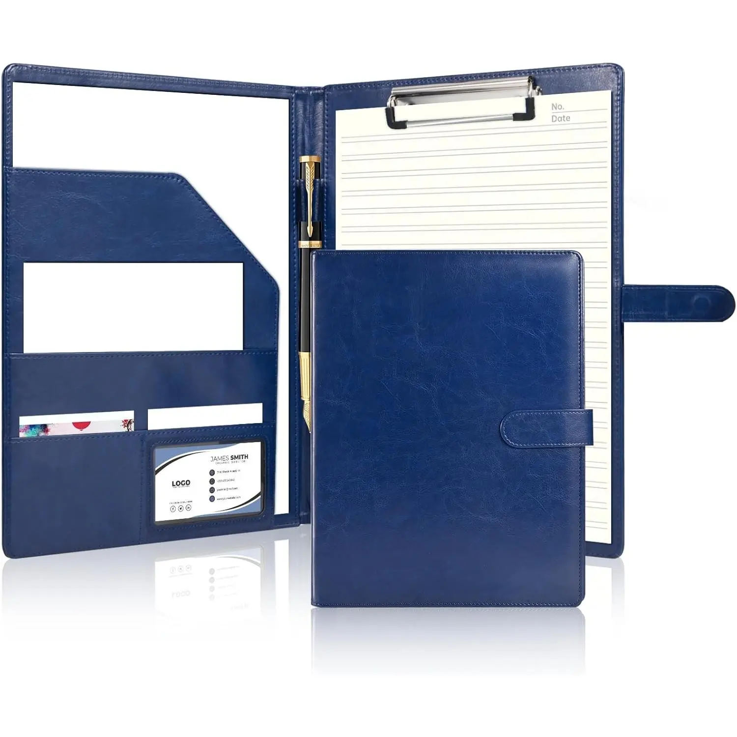 Professional Portfolio Binder with Clipboard, Faux Leather Padfolio Organizer for Resume, Interview Business Conference, Legal Pad Holder for A4 Letter Size Notepad with Multi-Pocket Storage Blue
