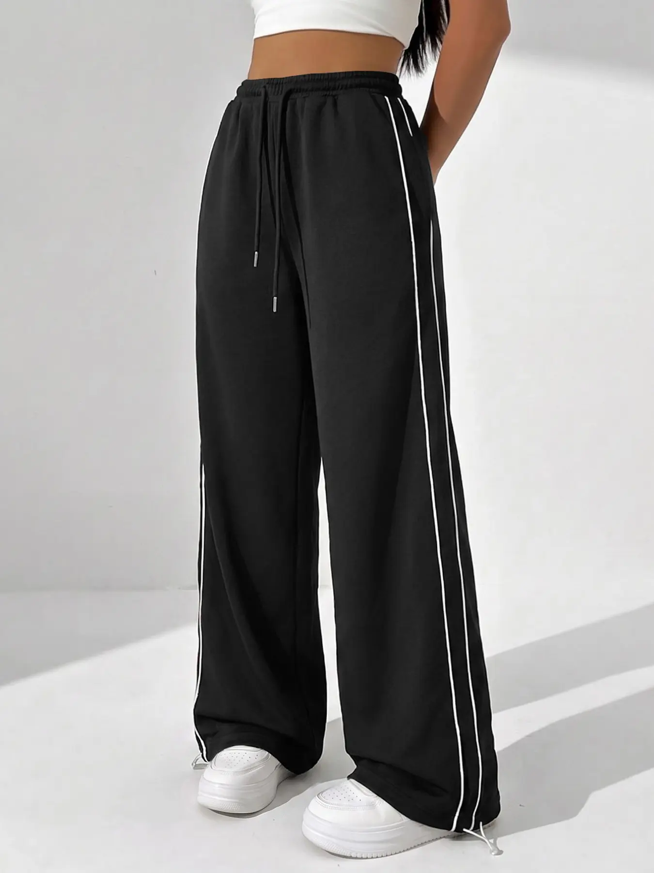 New Women's Solid Color Side Striped Drawstring High Waist Wide-Leg Trousers, Sporty Ankle-Length Loose-Fit Pants for All Seasons
