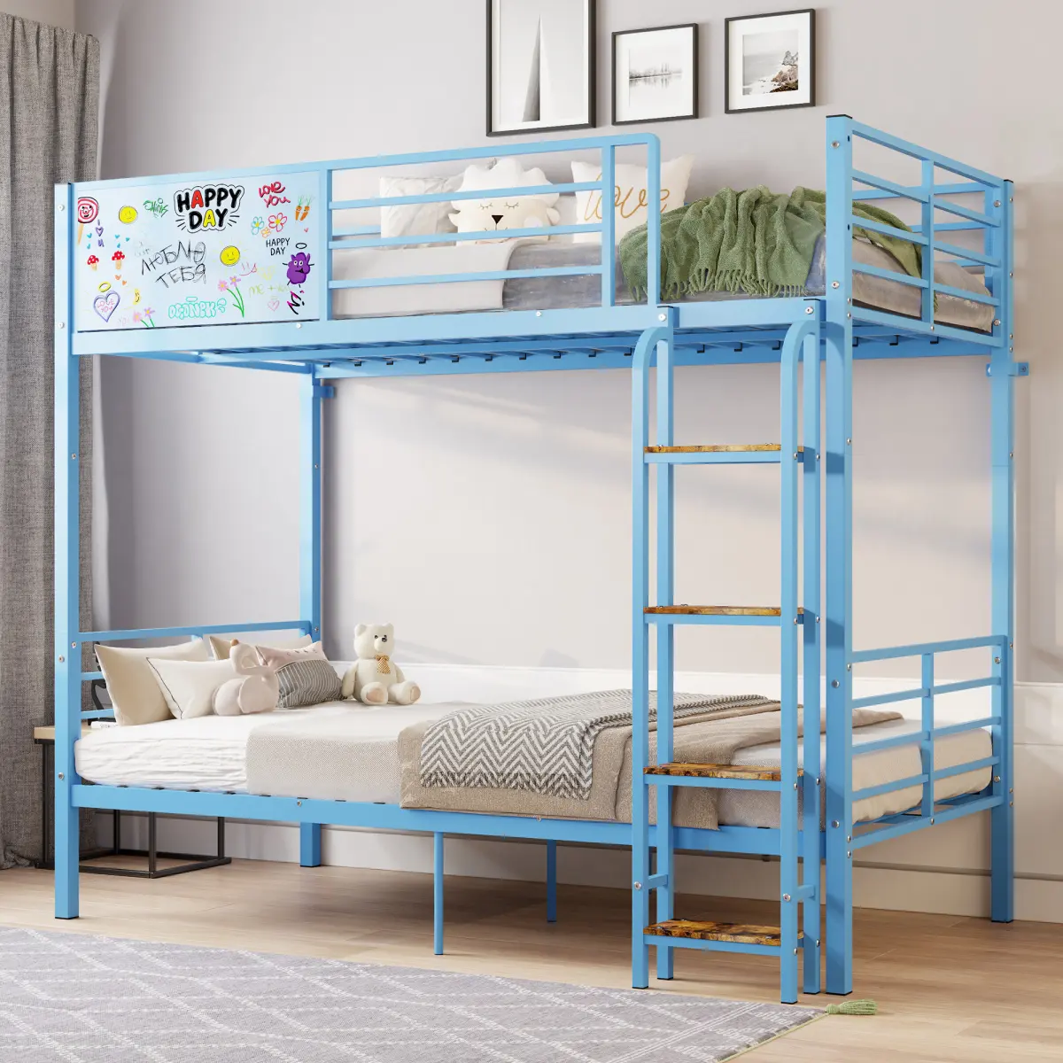 ARCH Metal Bunk Bed for Adults & Kids, Convertible to 2 Separate Full Size Beds, Heavy Duty Bunk Bed Frame with Full-length Guardrail & Ladder, No Box Spring Needed, BLUE