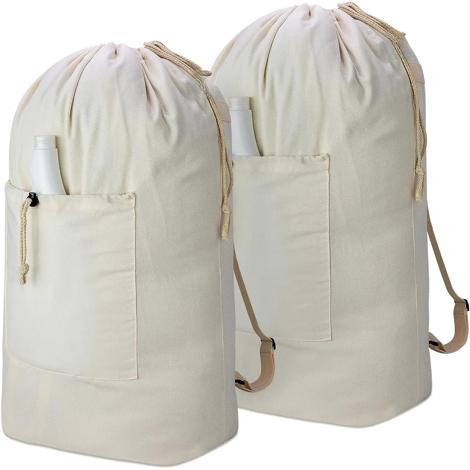 Laundry Bag Backpack, Canvas Laundry Bag with Straps & Drawstring Closure Washable Dirty Cloth Hamper Bag with Large Front Pocket for College, Travel, Laundromat, Camping