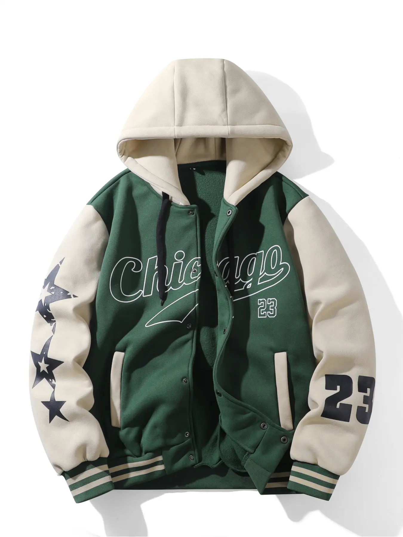 Men's hooded baseball jacket, Chicago No. 23 contrasting spliced college style jacket, men's street style jacket, hip-hop sports top, couple and youth spring and autumn daily wear trendy brand baseball jacket