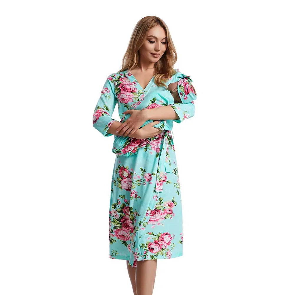 Maternity Robe and Baby Swaddle Set, Matching Labor & Delivery Hospital Robe for Mom and Newborn Receiving Blanket, Soft Nursing Nightgown and Swaddle Blanket Set for Pregnancy Essentials