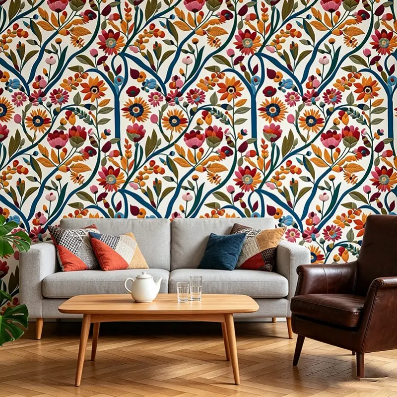 Bohemian Colorful Sunflower Floral Wallpaper, Peel and Stick, Sticky Wallpaper Peel And Stick, Adhesive Wallpaper, Vintage Art Nouveau, Bedroom Living Room Interior Wall Decor, Mould-Proof, 1 Roll