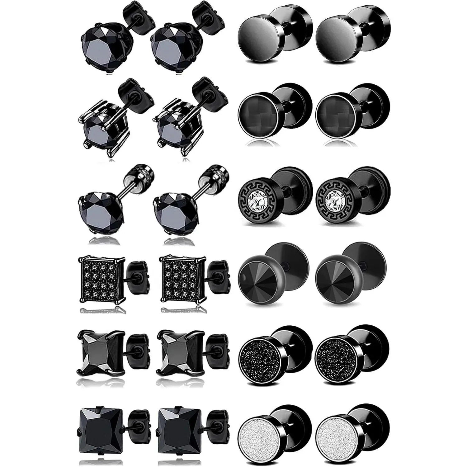 12 Pairs Stainless Steel Stud Earrings Cubic Zirconia Cartilage Barbell Earring Set for Men Women 8mm