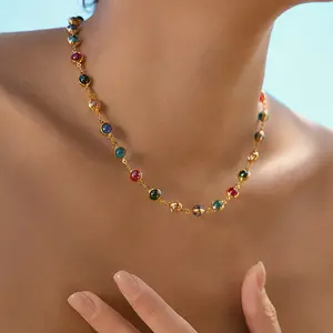 Necklace, Colorful Round Glass Beaded Collarbone Chain, Gold-Plated Tiny Ball Necklace, Vintage Boho Dainty Neck Jewelry for Women, Suitable for Daily Wear, Vacation & Gifting