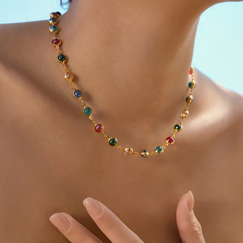Necklace, Colorful Round Glass Beaded Collarbone Chain, Gold-Plated Tiny Ball Necklace, Vintage Boho Dainty Neck Jewelry for Women, Suitable for Daily Wear, Vacation & Gifting