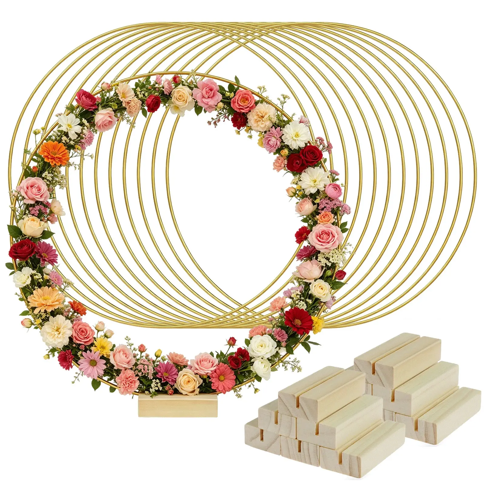12-Inch Floral Ring Table Centerpiece, 6/12 Pcs Flower Frame with Wooden Base, Silver Color, Wedding, Party, Holiday Decor