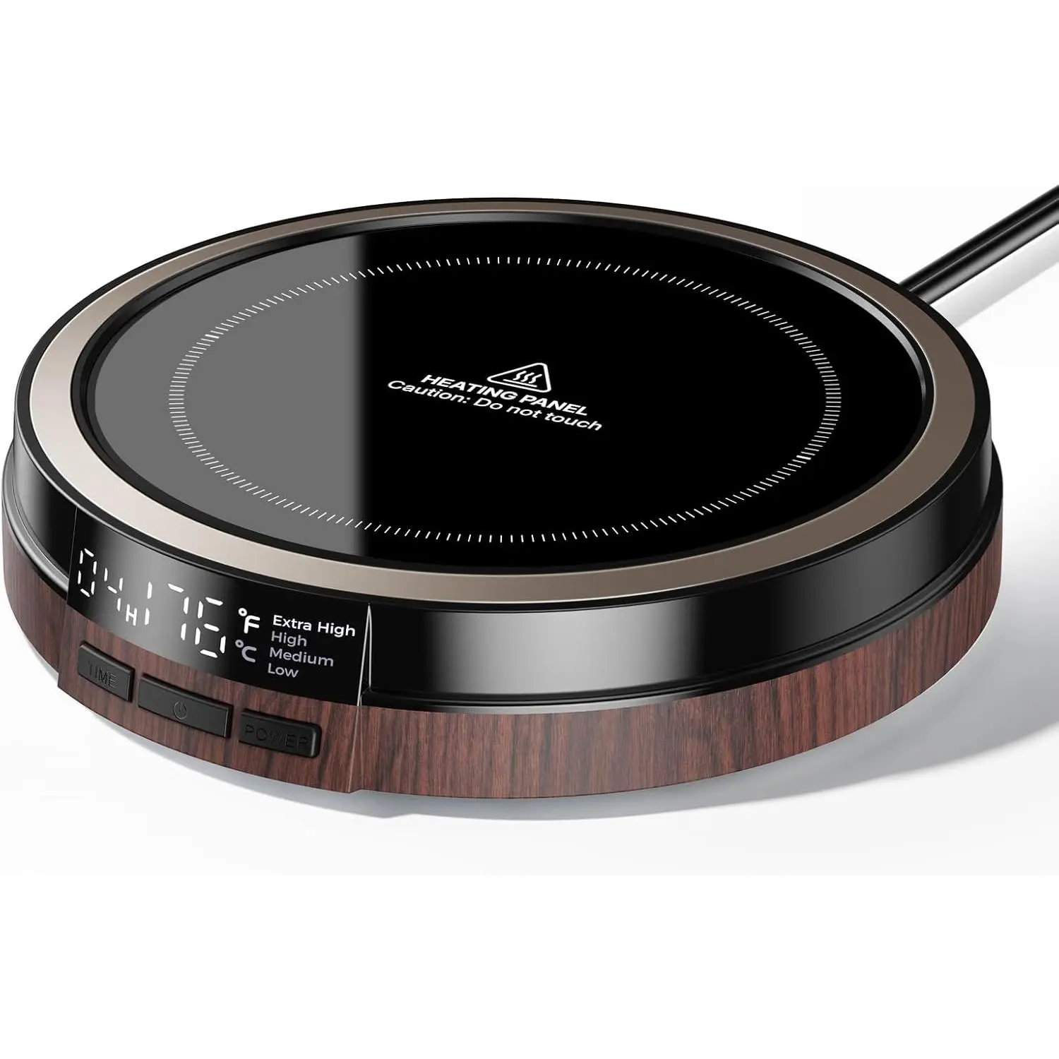 Compact Wood Effect Desk Coffee Mug Warmer with 50W Power, Round Base, Standard Plug, Smart Display, 4 Temps, 12h Timer, Auto Shut Off for Tea Lovers, Milk