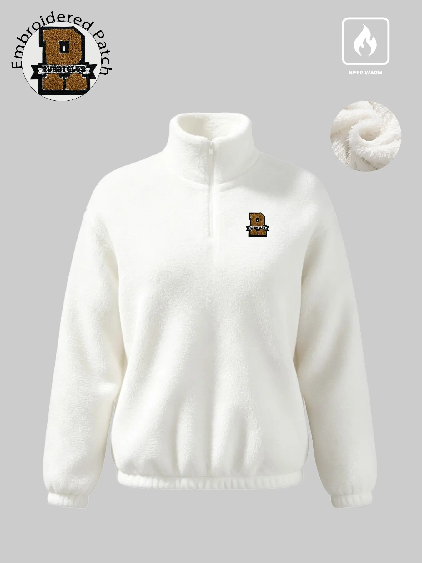 Men Sherpa Half‑Zip Pullover, Varsity R‑Letter Embroidered Patch Sweatshirt, Relaxed Cropped Fit, Soft Warm Fluffy Fleece Fabric, One Wear Multiple Ways, Versatile Fall‑Winter Top For Commute, Camping, Campus & Street Casual