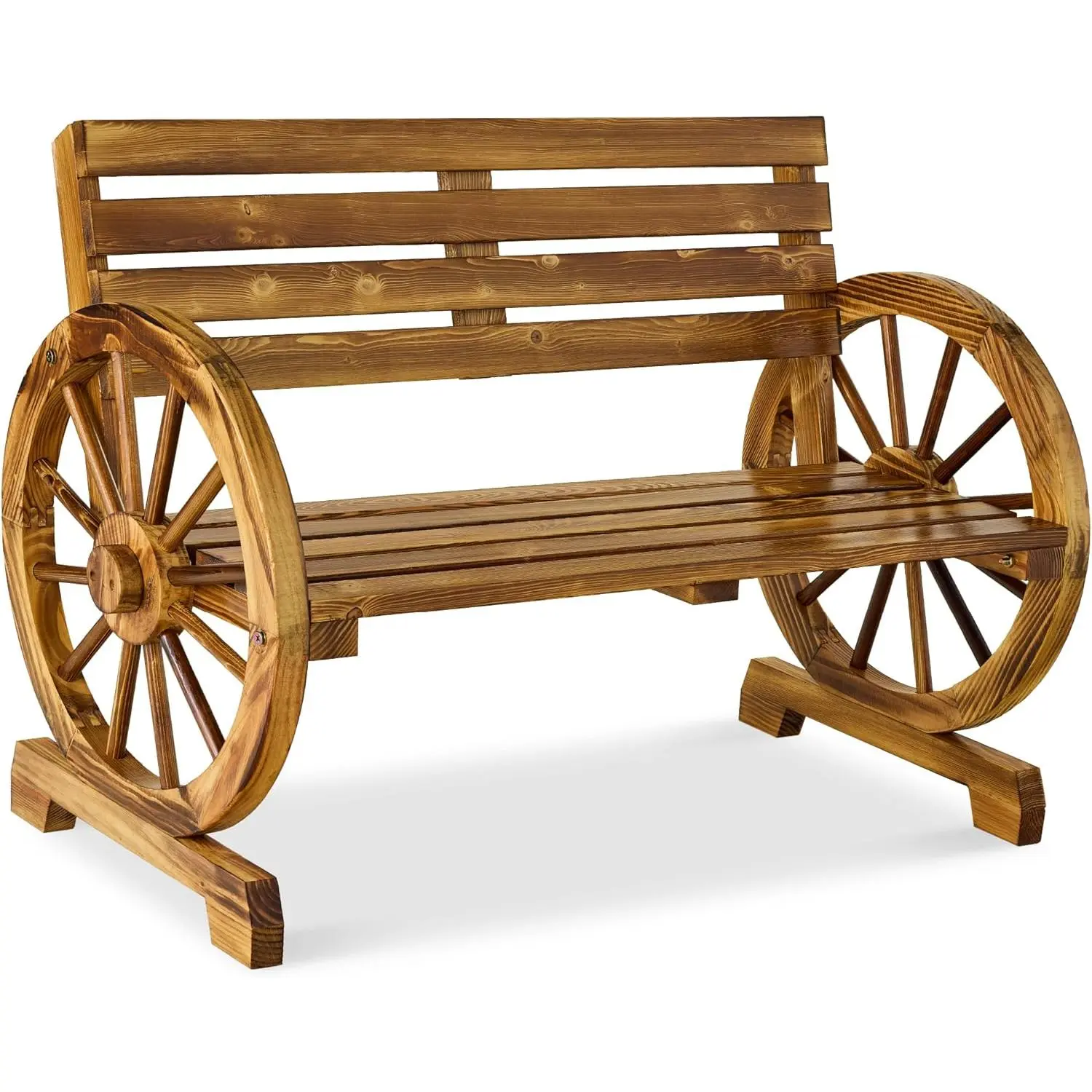Outvita Best Choice Products 2-Person Wooden Wagon Wheel Bench for Backyard, Patio, Porch, Garden, Outdoor Lounge Furniture w/Rustic Country Design, Slatted Seat and Backrest - Natural Summervibes