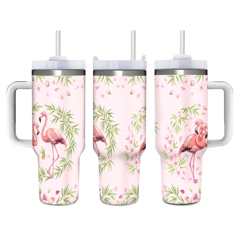 Pink Flamingo Sakura Cherry Blossom Sturdy Classic Stainless Steel Insulated Flask Tumbler - Portable Lightweight Travel Cup with Straw, Sliding Lid, Tropical Floral Aesthetic for Hot/Cold Drinks, Women’s Summer Gift (Picnic, Office Use), Flasks, Beverage