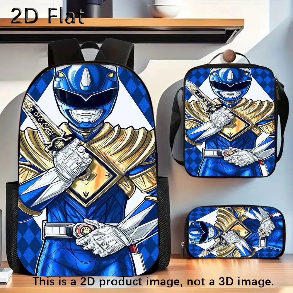 Durable Water Resistant 3-Piece Backpack Set for Kids, Lightweight School Bag with Lunch Box, Blue Check Background Gold Armor Blue Ranger Sword Anime Graphic Print, Includes Large Rucksack, Thermal Lunch Tote & Stationery Pouch
