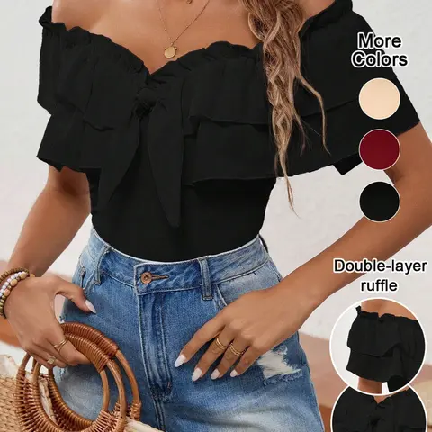 Women's Solid Color Off-Shoulder Multi-Layer Chiffon Knit Top, Casual Elegant Feminine Half Sleeve Ruffle Tie Slim-Fitting Blouse