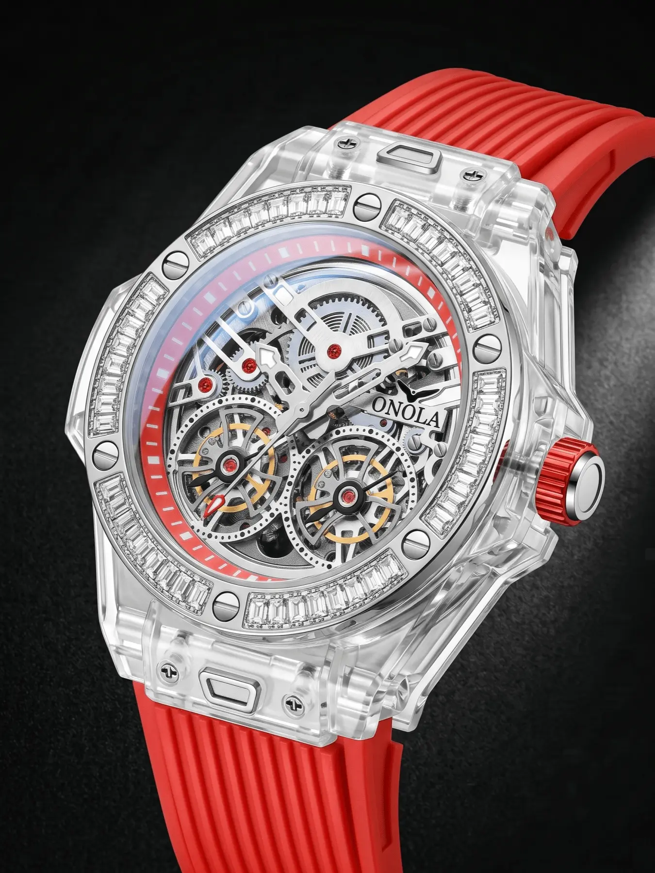 ONOLA Brand Men Mechanical Watch Men Double Flying Wheel Diamond Skeleton Automatic Watch Male Business Watch Luxury Fashion Trendy Mechanical Watch Sport Waterproof Gift Watch For Men