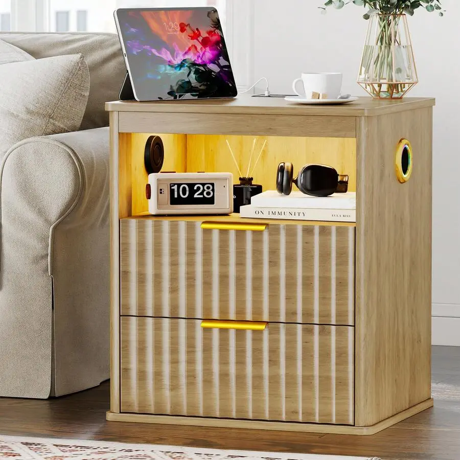 Fluted Nightstand With - Bluetooth Speakers,19.7" W LED Smart Night Stand With Charging Station,2 Drawers And Human Senor Lights,Modern Bedside Table & End Tables Bedroom
