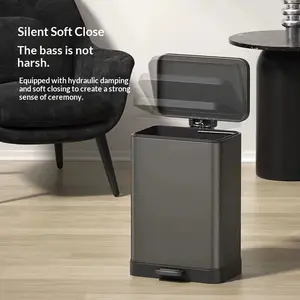 Indoor Stainless Steel Hands-Free Soft-Close Lid Trash Can - Fingerprint Resistant Rectangular Step Bin with Removable Inner Bucket for Kitchen, Office