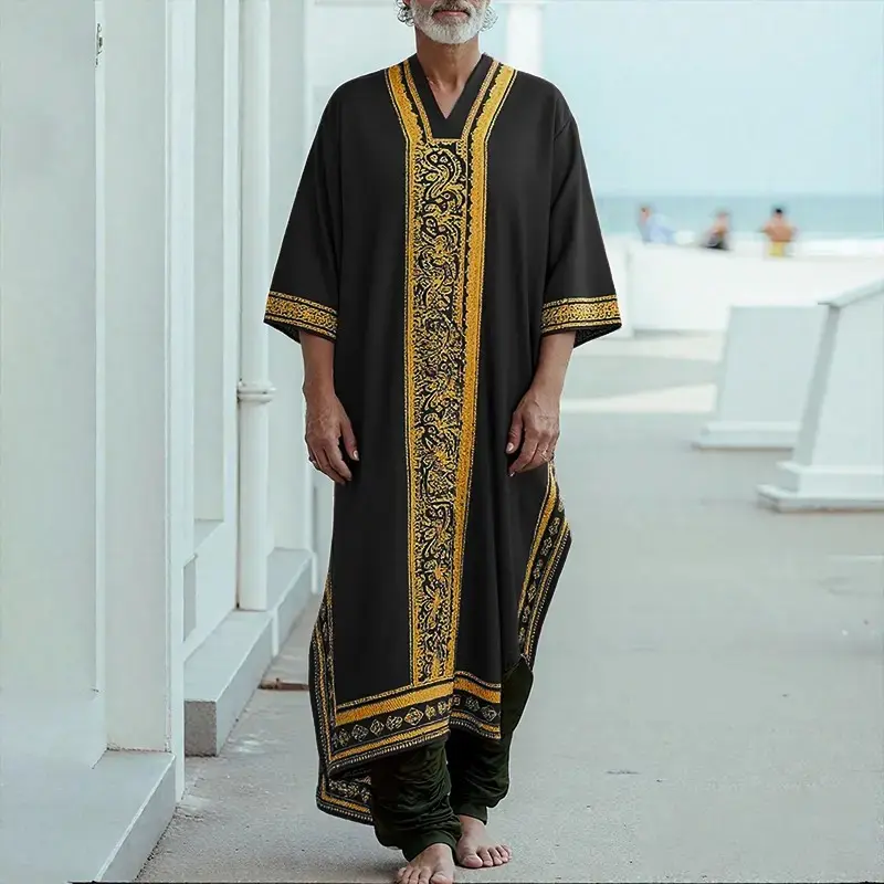 Mens All Seasons Ethnic Embroidered Robe Set Soft V-Neck Kaftan & Harem Pants Two Piece Bohemian Vacation Beachwear